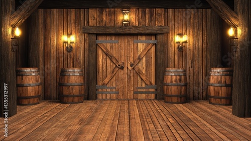Rustic Tavern Entrance Wooden Door with Barrels, and Warm Light.