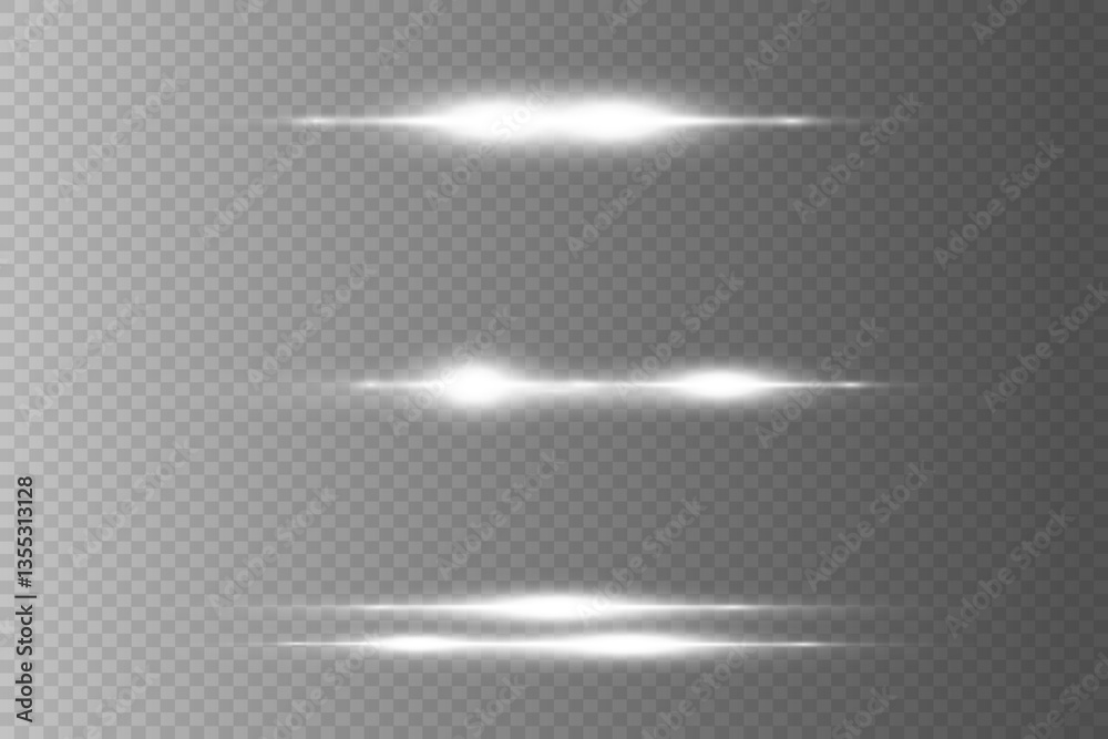 White glowing line of light explodes. Laser beams, horizontal light rays. Set of glare. Vector.