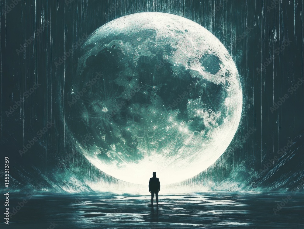 Lonely figure gazing at massive lunar spectacle. Lonely figure gazing at massive lunar spectacle.