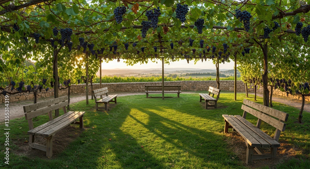 Obraz premium Relaxing Grape Arbor Garden with Wooden Benches and Evening Light