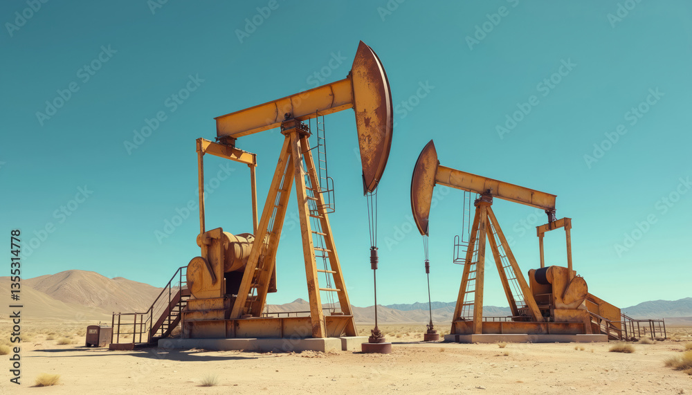 Oil pumpjacks in desert landscape under blue sky. Extraction machinery, industrial equipment, fossil fuel, natural resources for economy. Concept energy, industry, drilling, environment, oilfield. Oil pumpjacks in desert landscape under blue sky. Extraction machinery, industrial equipment, fossil fuel, natural resources for economy. Concept energy, industry, drilling, environment, oilfield.