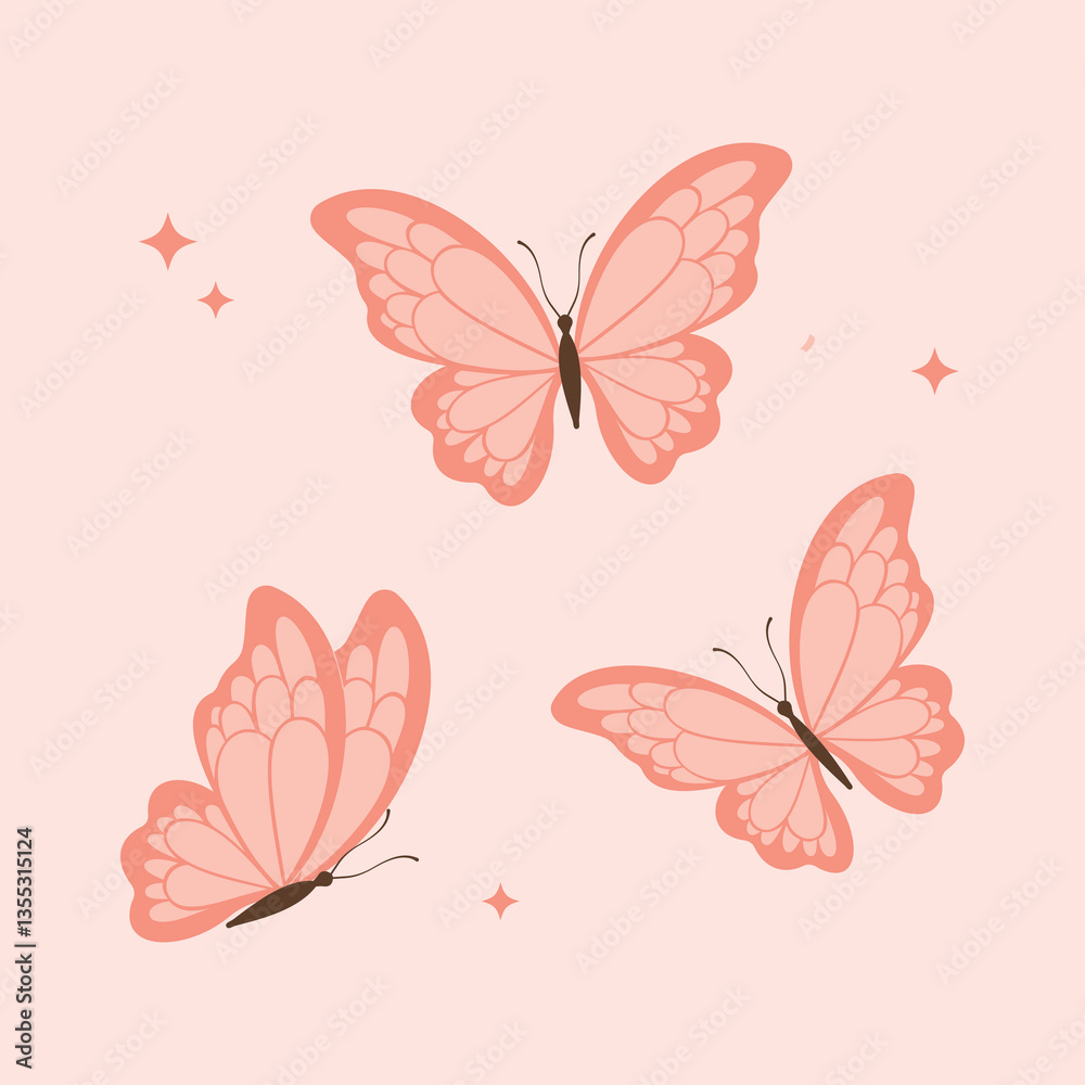 Fototapeta premium A delicate and elegant illustration of three pastel pink butterflies with soft details and decorative sparkles. Perfect for feminine designs, nature themes, stationery, and digital art projects.