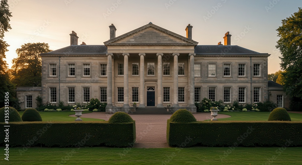 Fototapeta premium Grand Estate Building with Columns and Formal Garden at Sunset
