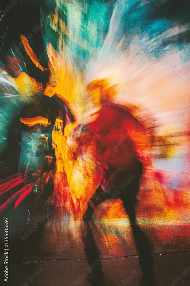 Fototapeta premium Blurry figure walks amidst city lights glow.