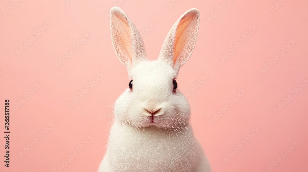 Obraz premium Photo of a little bunny, on a soft pink background Easter theme