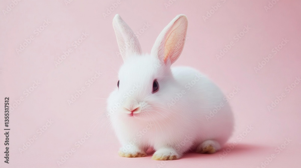 Obraz premium Photo of a little bunny, on a soft pink background Easter theme
