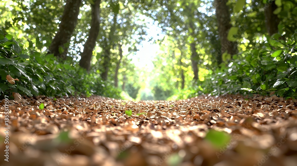Leaf Covered Pathway Through a Lush Green Forest with Sunlight Shining