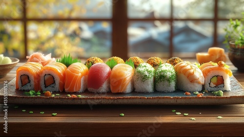 Assorted Sushi Platter on Wooden Table with Natural Light and Scenic Background, Featuring Fresh Ingredients and Vibrant Colors, Ideal for Food Lovers and Culinary Enthusiasts