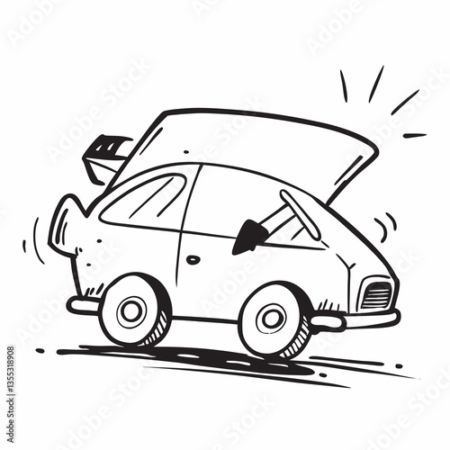 Car comic black and white sketch vector illustration, doodle style. Black line art. Stick cartoon vector 