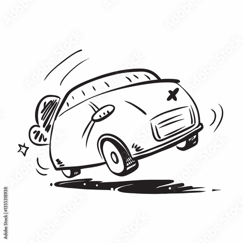 Car comic black and white sketch vector illustration, doodle style. Black line art. Stick cartoon vector 