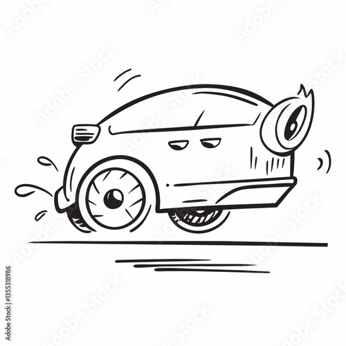 Car comic black and white sketch vector illustration, doodle style. Black line art. Stick cartoon vector 