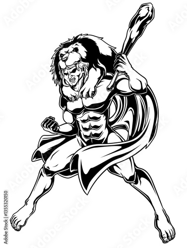 Schwarz-weiße Darstellung eines kraftvollen Helden Herkules mit Keule und Löwenhaut. Ideal für Mythologie, Heldensagen, Ausmalbilder oder Symbolik von Stärke und Tapferkeit.