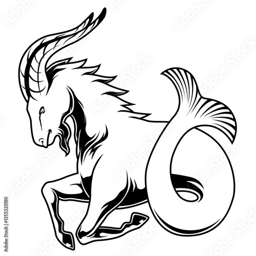 Schwarz-weiße Darstellung eines Capricorn-Fabelwesens mit Ziegenkopf und Fischschwanz. Ideal für Astrologie, Sternzeichen, Mythologie, Ausmalbilder und Fantasy-Motive.