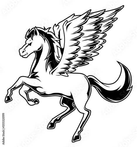 Schwarz-weiße Darstellung eines geflügelten Pferdes (Pegasus) im Sprung. Ideal für Fantasy, Mythologie, Ausmalbilder oder symbolische Darstellungen von Freiheit und Magie.