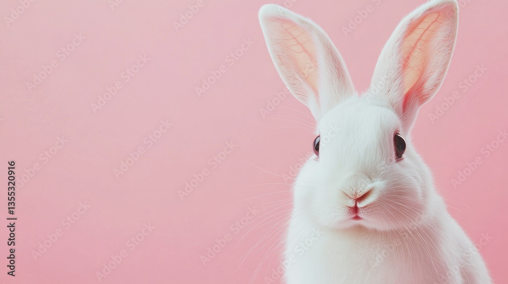 Obraz premium Photo of a little bunny, on a soft pink background Easter theme