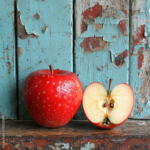 A whole and a halved red apple rest on a rustic, aged wooden surface