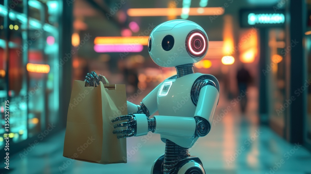 Futuristic delivery robot hands over grocery bag in vibrant cyberpunk setting with smooth lighting and modern reflections Futuristic delivery robot hands over grocery bag in vibrant cyberpunk setting with smooth lighting and modern reflections