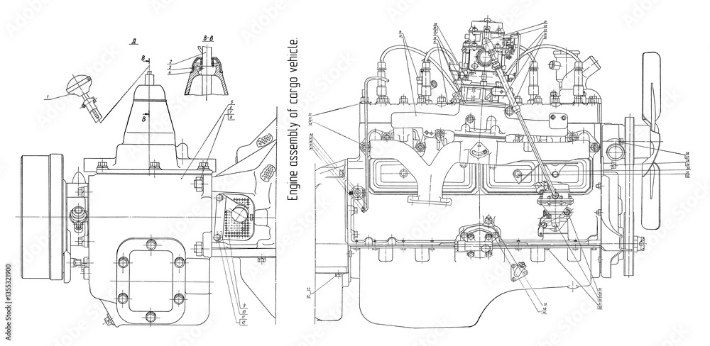 Obraz premium Engine assembly of cargo vehicle. Engineering mechanical drawing of automotive device. Industrial cad scheme on white paper sheet. Technology design of machine building industry. Machined template.