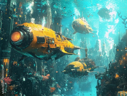 Underwater city explored by futuristic yellow submarines photo