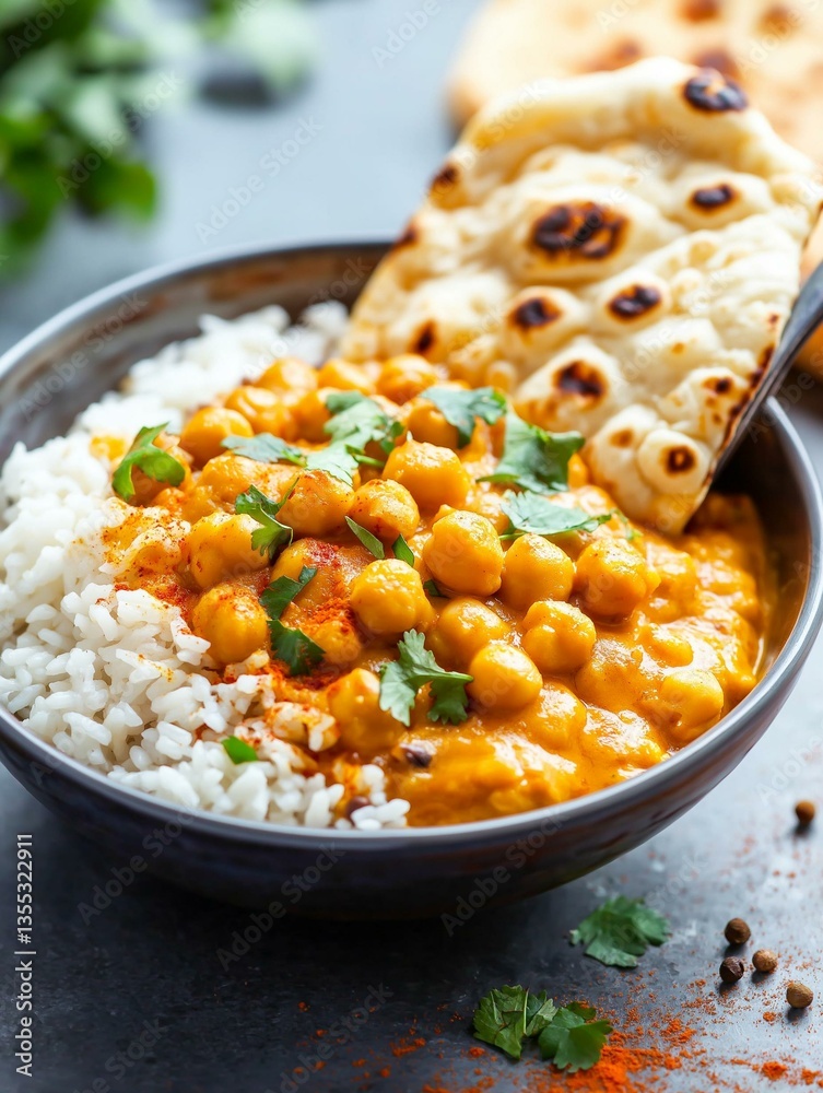 Bowl of indian curry with rice and naan bread. the curry is a creamy orange color and appears to be made with chickpeas and spices. Bowl of indian curry with rice and naan bread. the curry is a creamy orange color and appears to be made with chickpeas and spices.