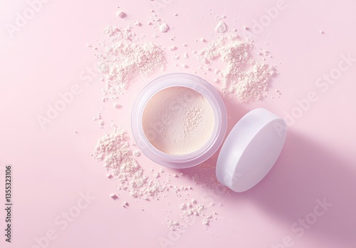 Cosmetic powder in a light-purple container, scattered on a pastel pink background photo