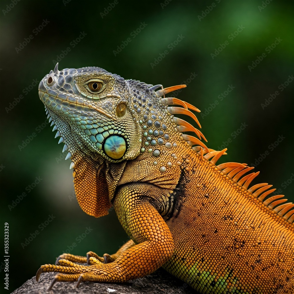 Fototapeta premium Orange iguana with distinctive textured scales, varying from orange to green.