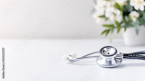 Medical stethoscope on a white table, soft focus