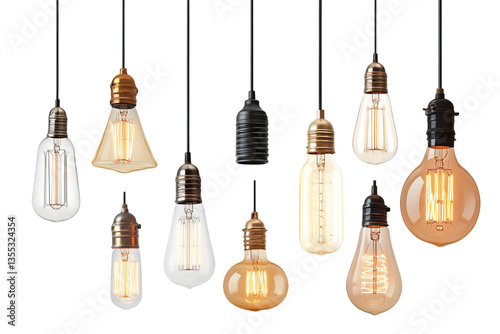 Assortment of Hanging Vintage Edison Light Bulbs on Transparent Background, PNG