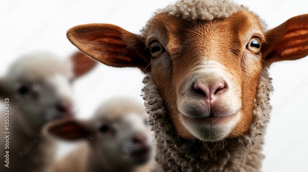 Fototapeta premium Charming portrait of a fluffy sheep and lambs against a bright background