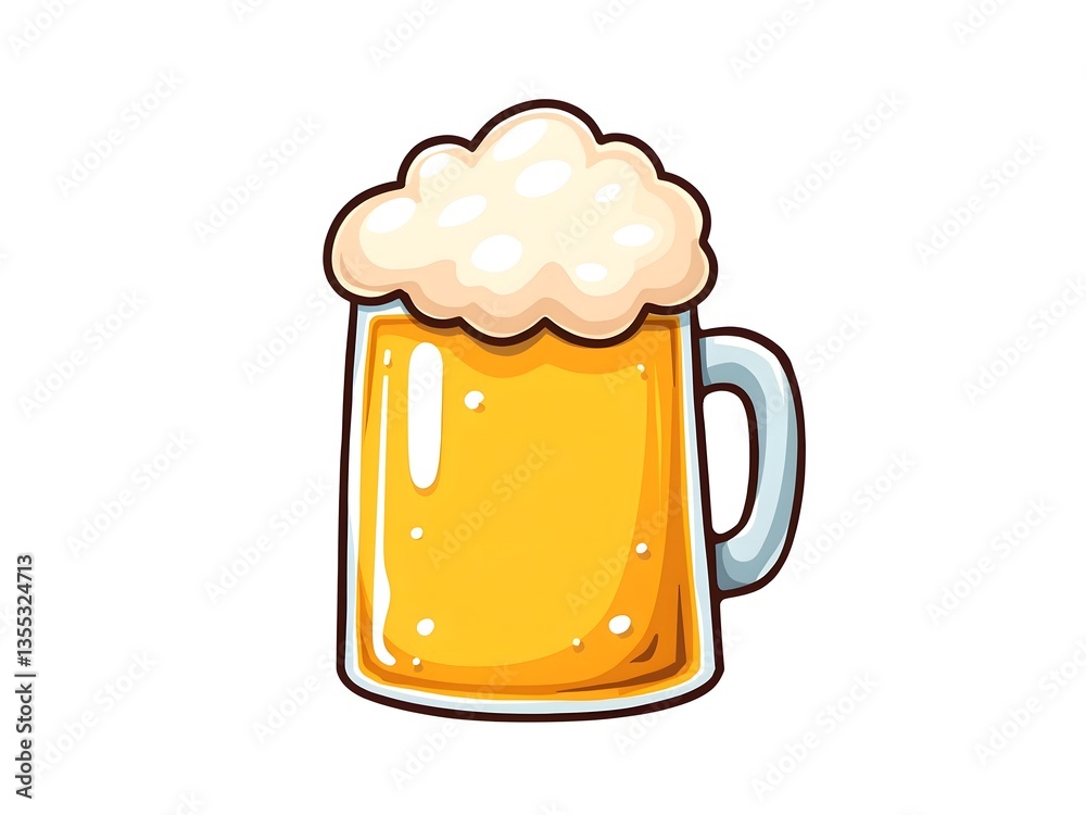 Cartoon beer mug with golden beer, frothy foam, and bubbles, featuring a light blue handle on a white background. Cartoon beer mug with golden beer, frothy foam, and bubbles, featuring a light blue handle on a white background.
