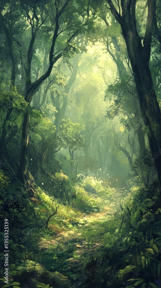 Naklejka premium Forest path beckons beneath the dappled sunlight.