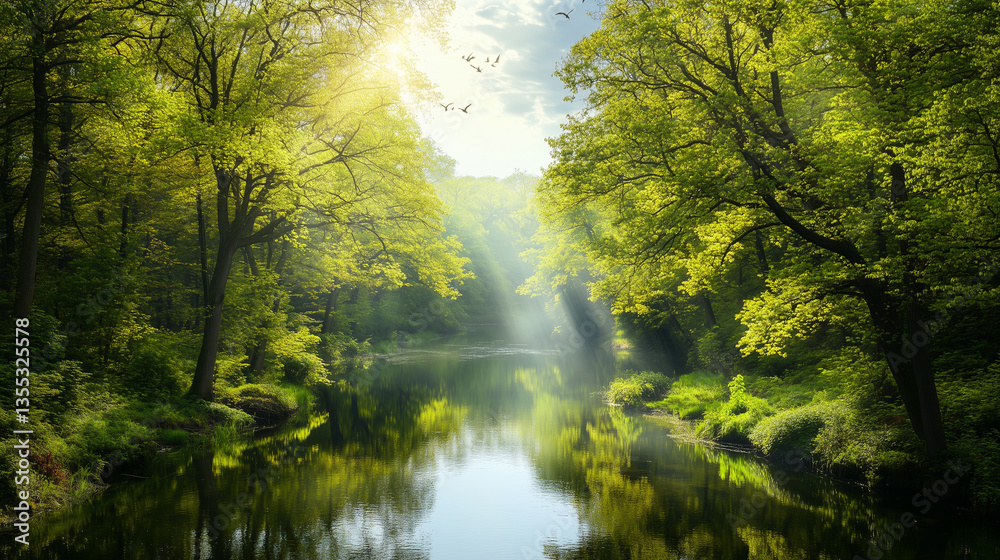 Fototapeta premium Tranquil forest scene with sunlit river and lush greenery