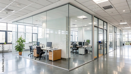 Modern office interior with glass partition walls and desks