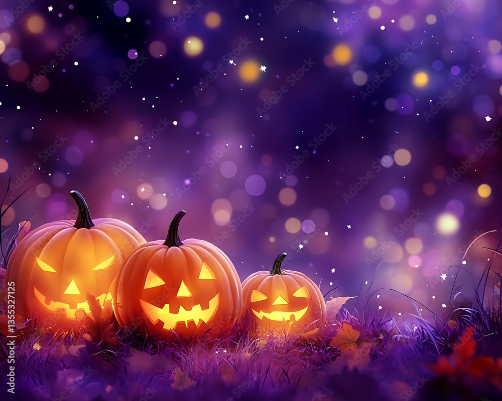 Fototapeta premium Halloween Jack-o'-Lanterns in a mystical meadow.