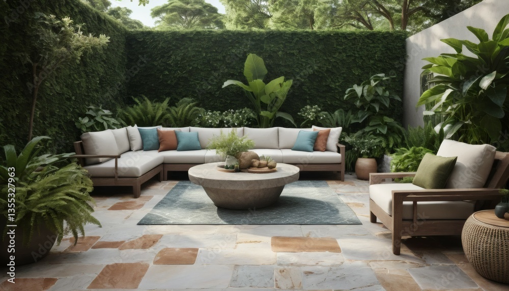 Fototapeta premium Cozy Outdoor Patio with Lush Greenery and Modern Furniture