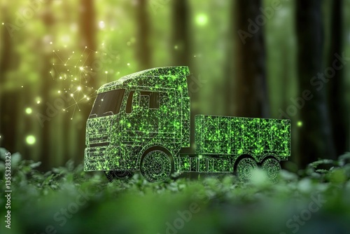 Green logistics or sustainable transport concept featuring a truck icon, representing transportation, logistics, clean energy, and eco-friendly processes on a forest background, zero carbo emission.