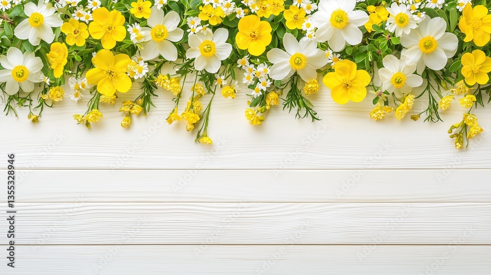 Fototapeta premium Floral arrangement with yellow and white flowers on white wood background spring themes