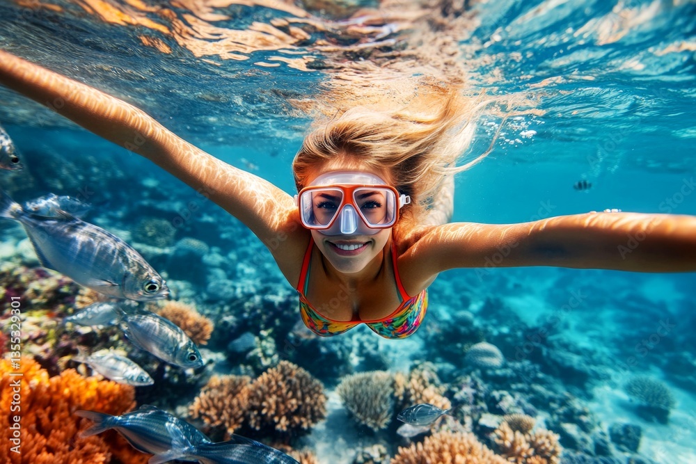 Fototapeta premium A attractive and sexy happy asian young woman with blond hair in a swimming mask and fins snorkeling among the corals. A dense school of silver fish swims next to her. Tropical sea exploration.