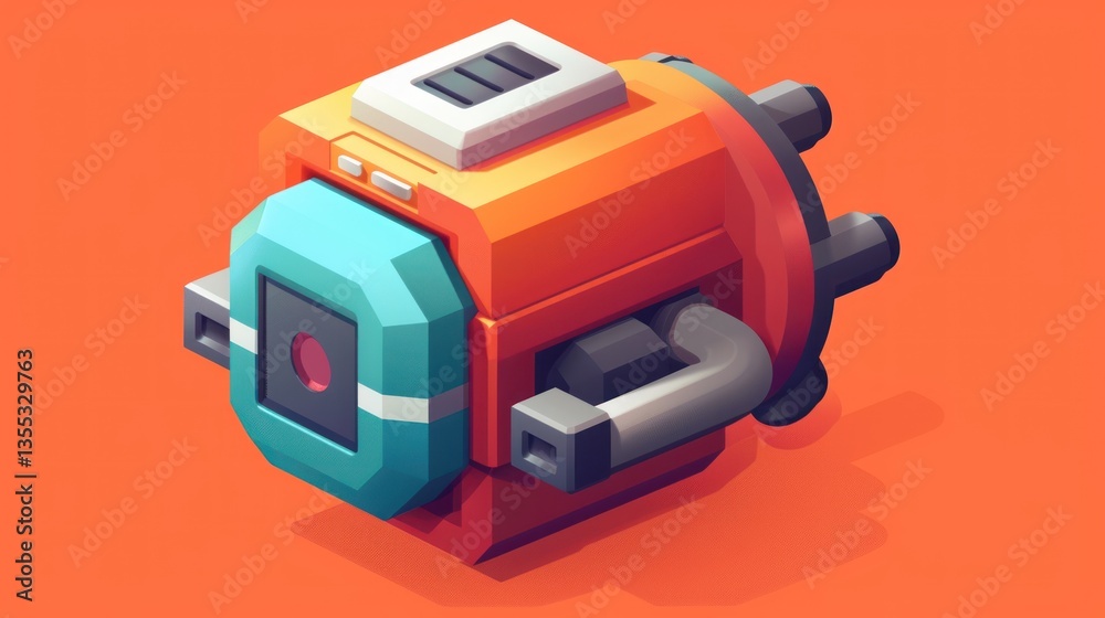 Obraz premium Futuristic Mechanical Device with Isometric Design Featuring Bold Colors and Industrial Elemen