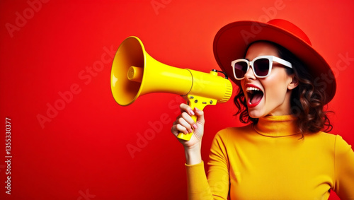 Stylish brunette woman shouting in megaphone about final sales and Black Friday discounts on red background
