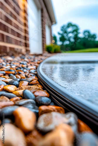 Wet patio edge detail, colorful gravel border, home exterior