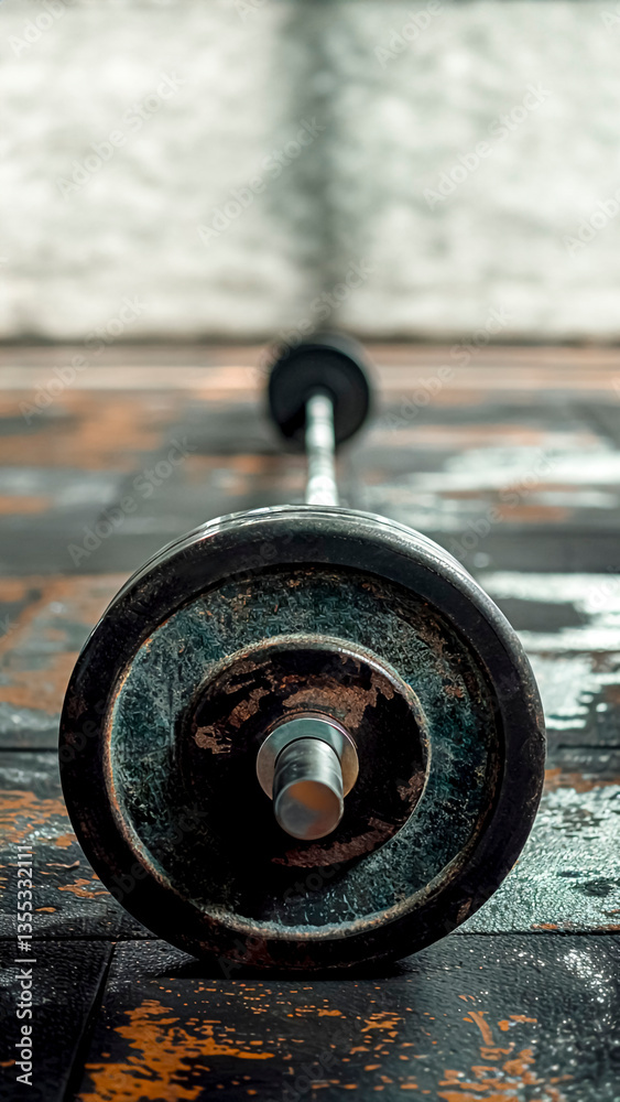 A Worn Weightlifting Barbell on the Floor. Gym Equipment, Fitness Motivation, Strength Training, Sport Olympic.