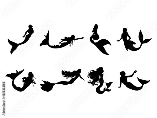 Set of Mermaid Silhouette in various poses isolated on white background