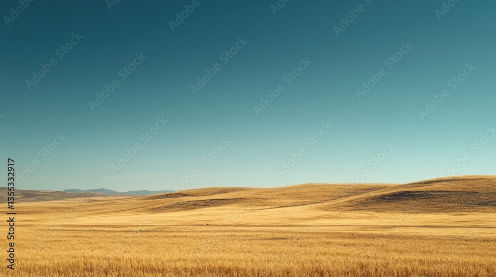 Fototapeta premium Golden wheat field under clear blue sky with soft sunlight creating a calm natural atmosphere in a rural landscape