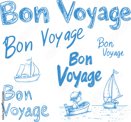 set of doodled drawings of bon voyage concept