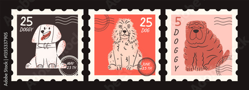 Postage stamps with dogs and hand draw texture. Vector illustration