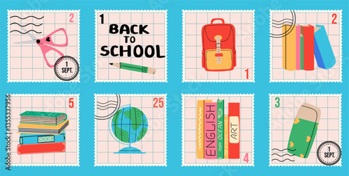 Billede på lærred Back to school vintage postal stamps with books, pencil, scissors, globe