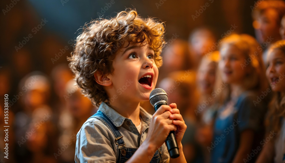Fototapeta premium Child singing, passionate performance, curly hair, microphone, stage lighting, emotional expression