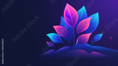 Vibrant Neon Leaves in a Futuristic Landscape Abstract Artwork with Gradient Colors Modern De