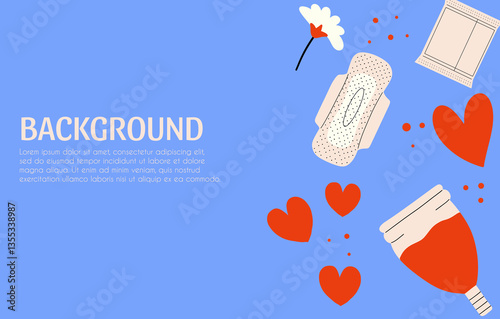 Template with menstrual feminine sanitary products, with menstrual cup, pads. Vector illustration